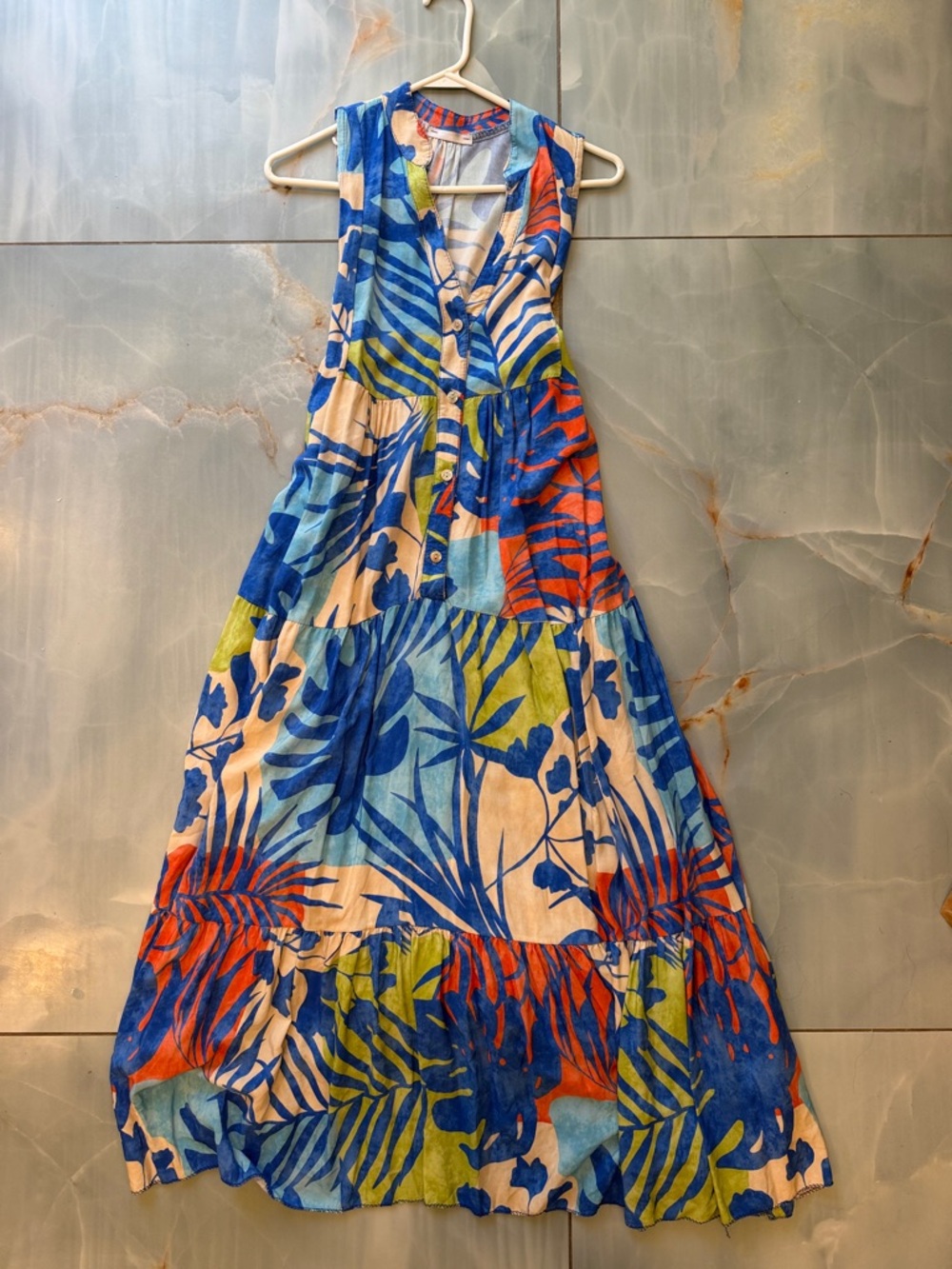 Beginning Boutique Blue Tropical Maxi Dress with Multicolor Leaves